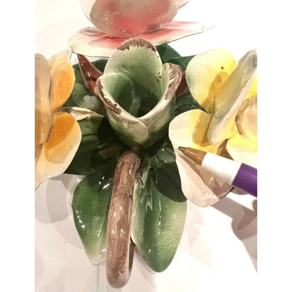 Capodimonte Roses Candle Stick Holder Pink Yellow Green Made in Italy Cottagecor